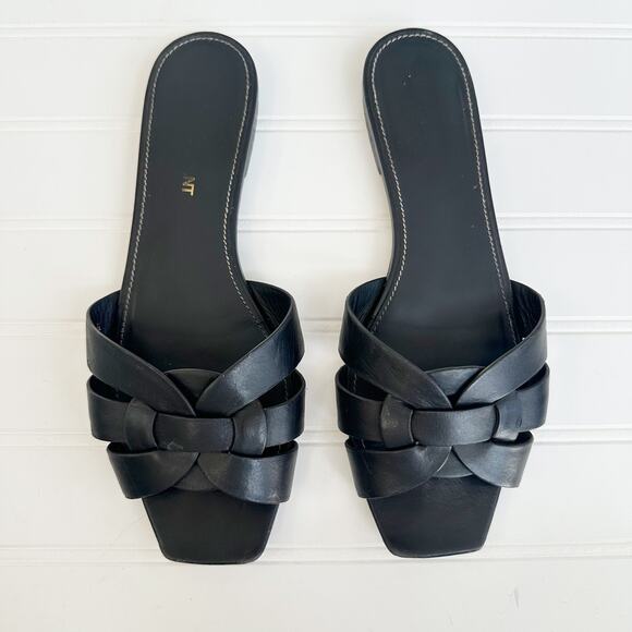Saint Laurent Tribute Sandal Flat Mules Black Slides Smooth Leather 37.5 - Picture 7 of 7